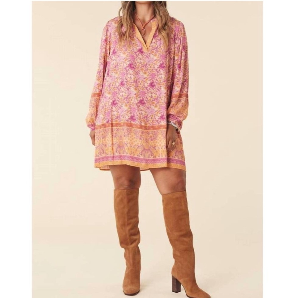 Spell Village Tunic Dress in Sunrise‎ Sz L Boho Floral Long Sleeve Pink Orange